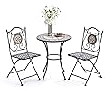 Warmiehomy Bistro Set Mosaic Table and Chairs Garden Dining Table 2 Folding Chairs Outdoor Coffee Table and Metal Chair Seat for Balcony, Patio,Cafe
