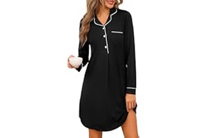 Jahetuul Chemise de Nuit Femme Coton Manches Longues Col V avec Poche Classique Pyjama Confortable avec Boutons Ouvert Devant Robe de Nuit