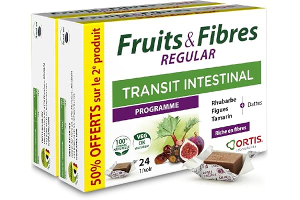 Ortis - Duo Fruits & Fibres Regular Promopack 2 x 24 Cubes - Complément Alimentaire pour Favoriser le Transit Intestinal - Paresse Intestinale Régulière - 100% Naturel à base de Rhubarbe