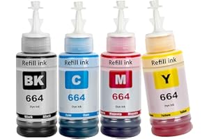 SHUOLEI 664 Ink Compatible with epson 664 T664 Refill Ink Bottle Multipack for ET-2500 ET-2550 ET-2600 ET-2650 ET-3600 ET-4500 ET-4550 ET-14000 ET-15000 ET-16500 L100 L110 L200 L210(4-Pack BK/C/M/Y)