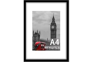 Tinkeps A4 Black Picture Frame - Engineered Wood and Plexiglass, A4 Frame with A5 Mount for A4/A5 Prints, Photos, and Posters, Wall Mountable - A4(21x29.7cm) Photo Frame