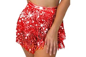 Flovel Falda con borlas de Lentejuelas Danza del Vientre Pañuelo a la Cadera Traje Rave Falda con Flecos Traje Rave para Mujeres y niñas