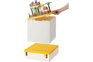 SHIMOYAMA Collapsible Storage Box with Baseplate Lid for Duplo, 25L Stackable Bin with Separate Building Board for Lego, 26 Qt. Folding Container for Lego Duplo Mega Bloks Storage (Yellow)