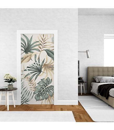 Stickers Déco Porte PVC - Autocollant Tropical Vert/Beige 77x200 Cm, Amovible Et Imperméable, Pour Porte Placard - 5