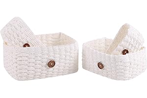 YheenLf Set de 4 Cestas de Almacenaje, Cestos de almacenamiento Tejidas Rectangulares, Cajas Organizadoras Decorativas Para Dormitorio, Baño, Cocina, Armario, Cuerda de Papel, Blanco