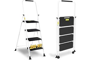 HYTAMA TOOLS HYTAMA Scala Sgabello Pieghevole con Ampio Pedale Antiscivolo, Scala in Acciaio Robusta, Impugnatura Comoda, Leggera, Sgabello Portatile in Acciaio, Certificata EN14183 (BIANCO, 4 Gradini)