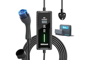 bokman Portable EV Charger UK 3 Pin, 8 Meters | 6/8/10/13A | 3.3kW | IP67 Waterproof, Type 2 Charging Cable with LED Indicators & Carry Bag & Microfiber Towel