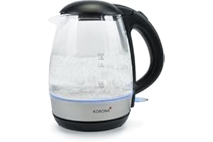 ‎KORONA Korona 20608 Glas-Wasserkocher|1,2 Liter Kapazität|Blaue LED-Beleuchtung während des Kochvorgangs|Verdecktes Heizelement|Überhitzungs- und Trockengehschutz|Kalkfilter|2200 Watt, Edelstahl, Schwarz