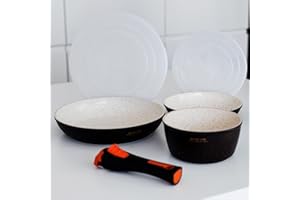 ECO-DE ECODE® Lot de 2 poêles 26/20 cms + Cacerole 16cms + Poignée amovible, Induction, 2 Couvercles 26/20 cms, Revêtement antiadhésif, Empilable, Compatible lave-vaisselle, Libre de PFOA et sans PTFE