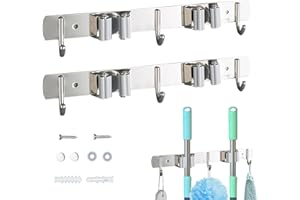 letuxaamz Portascope da Parete, Appendi Scopa da Muro con Clavi per Installazione, con Ganci per Appendere Scope e Attrezzi in Garage, 2 Pezzi + 3 Ganci, 2er Set Grigio