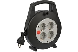 Brennenstuhl Vario Line enrollacables con 4 enchufes/mini tambor de cable (alargadera de interior para el hogar, cable de 5m, fabricado en alemania) negro/gris