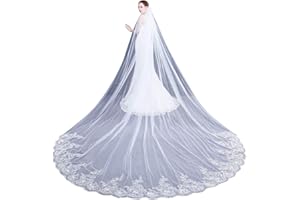 GUMEI Velo de Novia 4 M de una Capa para Mujer, Velo Largo de Boda con Forma de Catedral, Velo de Novia Bordado con Apliques de Encaje Floral, Ribete Festoneado, Velo de Novia con Peine