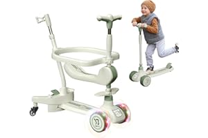 I BUY IT 6 in 1 Kids Scooter, 3 Wheels Kick Scooter, Folable Toddler Scooter with Adjustable Handbar, Removable Seat & Back Rest, Kid's Scooter with Flashing Wheels and Music for Boys and Girls 1-8 Years Old