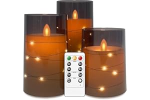 salipt Velas LED con Efecto de Cristal, Vela Eléctrica Efecto Llama, Velas a Pilas sin Llama con Control Remoto, Temporizador, Juego de 3, 7.6 cm de Diámetro, 10.2 12.7 15.3 cm de Altura