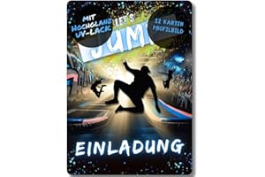 ‎CELEBR8TE celebr8te 12x Einladungskarten im blauen Jump Trampolin Design - Für den Kindergeburtstag von Jungen im Jumphouse Trampolinpark inkl. Messenger Bild & Urlaubsgutschein