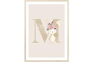 MeinBaby123® Poster con lettere, formato DIN A4, per cameretta dei bambini, per ragazze e ragazzi, decorazione per la cameretta dei bambini, poster iniziale, lettera M (coniglio – M)