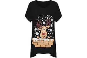 WearAll Women's Plus Short Sleeve Reindeer Snowflake Hanky Hem Long Top Ladies T-Shirt 14-28