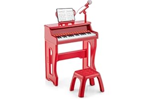 COSTWAY Klawiatura dziecięca z 37 przyciskami, elektroniczne pianino dziecięce z taboretem, regulowanym mikrofonem i stojakiem na nuty, klawiatura fortepianowa dla dzieci od 3 lat (czerwona)