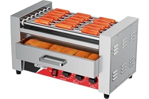 CROSSON Macchina Hot Dog Professionale 2 in 1,Rullo Elettrico per Hot Dog in Acciaio Inox 1350W con 7 Rulli,con Scalda Pane,Controllo Dual Temp