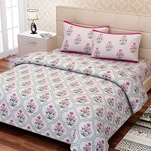 SEJ by Nisha Gupta Pure Cotton floral printed Bedsheet (King size, Green)