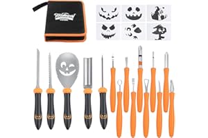 OWUDE Upgraded 15PCS Pumpkin Carving Kit for Adults with Professional Detail Sculpting Tools, Heavy Duty Stainless Steel Tools with Carrying Case & 6 Templates for Halloween Decoration