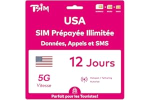 TSIM Carte SIM USA 12 Jours. Réseau T-Mobile avec données illimitées à Haute Vitesse en 5G/4G/LTE | Appels et SMS locaux illimités aux USA (Hawaï Inclus). Carte SIM 5G !