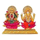 Art N Hub Handcrafted Lord Ganesh & Maa Lakshmi Brass Idol/Hindu God Ganpathi & Goddess Laxmi Pooja Mandir 24 K Gold Plated Spiritual Figurine Statues/Religious Vastu Puja Deity Dashboard Showpiece