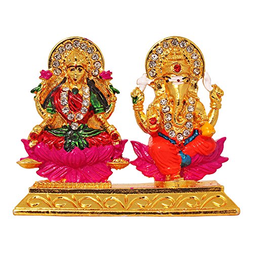 Art N Hub Handcrafted Lord Ganesh & Maa Lakshmi Brass Idol/Hindu God Ganpathi & Goddess Laxmi Pooja Mandir 24 K Gold Plated Spiritual Figurine Statues/Religious Vastu Puja Deity Dashboard Showpiece