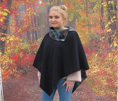 Handmade reversible Pure Wool Poncho In Navy and Jade Check Collar (Betty)
