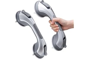LEVERLOC Agarraderas Baño para Mayores 2 Pack, 31 CM Asidero Ducha de Succión, MAX Hold 110 KG Agarrador Ducha Personas Mayores, Agarre de Seguridad, Barra Baño sin Taladrar y Pasamanos, Plata