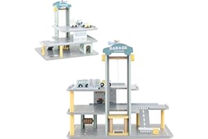 HOMASIS Set di garage a 3 piani, parcheggio in legno con 4 auto, eliporto, stazione di servizio, ascensore, lavaggio auto, garage giocattoli di ruolo per bambini dai 3 anni in su, 50 x 40 x 47 cm,