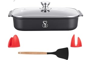 Stone&Stone Teglia Forno Rettangolare 34x8cm | Super Antiaderente Tedesco | Pirofila Lasagnera Rostiera Professionale in Alluminio | Induzione Gas e Forno | Coperchio + 2 Presine + Spatola in Silicone