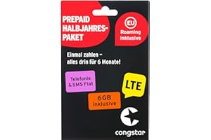 congstar Prepaid HALBJAHRESPAKET Sim-Karte ohne Vertrag I Prepaid-Paket für 6 Monate in D-Netz-Qualität I 4 GB LTE mit 25 Mbit/s + 50€ Startguthaben I Telefonie & SMS Flat in alle dt. Netze