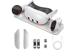 Olycism Stazione di ricarica compatibile con Meta Quest 3 Stand Display Caricatore con 2 Batterie Ricaricabili Stazione di Ricarica VR con Luce LED Accessori supporto per cuffie VR