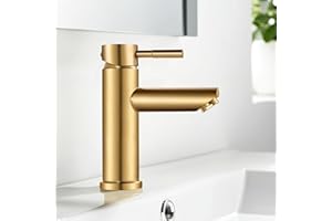 kisimixer Bathroom Sink Taps, Single Lever Hot and Cold Basin Mixer Tap 1 Hole with UK Standard Hoses, 304 Stainless Steel, Brushed Gold Brass