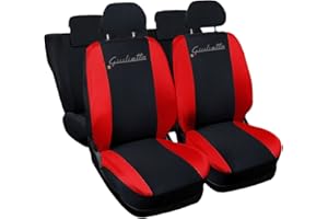 Auto Accessori Lupex - Coprisedili auto compatibili per Giulietta, nero rosso, Made in Italy, tessuto poliestere, set copri sedili anteriori e posteriori, con ricamo nome modello