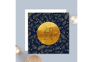 popcarte Carte de vœux 2024 • Champêtre Bleu et Doré • Lot de 16 Cartes • Papier haut de gamme • 16 Enveloppes Blanches • 14x14 cm Pliée • Idéal pour souhaiter la Bonne Année et Nouvel An