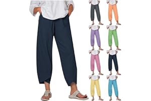 DABAOK Womens Casual Trousers Cotton Linen Cropped Pants Loose Fit Straight Elasticated Waist Chino Bottoms with Pocket