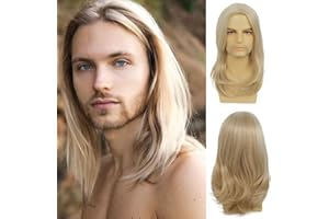 Beweig Peluca larga rubia para hombre, peluca larga recta para hombre, parte media, sintética resistente al calor, para el disfraz diario de fiesta Halloween