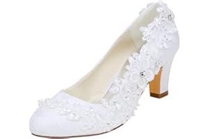 Emily Bridal Wedding Shoes Women's Silk Like Satin Chunky Heel Pumps with Stitching Lace Flower Crystal Pearl
