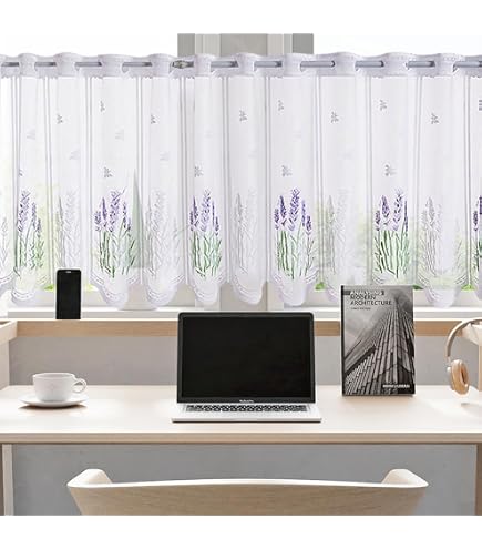 Rideau Brise-bise Selina En Voile Transparent - Motif Fleurs Brodé, Dimensions 45 X 120 Cm, Couleur Sable - 9