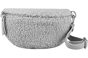 ITALYSHOP24 Made in Italy Damen Leder Gürteltasche Crossbody Teddyfell Bauchtasche Hüfttasche Kunstfell Umhängetasche Brusttasche Crossover Bodybag Schultertasche Handytasche Teddy Pelz Fell Plüsch Grau