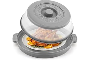 ONXE Microwave Cover for Food with Anti-scald Base Mat,Kitchen Gadgets Large Plastic & Silicone Vented Avoid Scalding Collapsible Guard Lid, Plate Holder & Kitchen Colander Meal Prep-10.7 Inch (Gray)