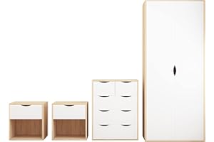 AFN HOME AFN Delvito 4 Piece Bedroom Furniture Set - Includes Wardrobe, 5 Drawer Chest, Bedside Cabinet (White on Oak)