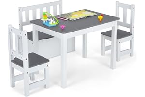 LIFEZEAL Tavolino Bambini, in Legno, Tavolino e Sedie per Bambini, 4 Pezzi, con 2 Sedie, 1 Panca Contenitore per Giocattoli e 1 Tavolo Rettangolare, Set Cameretta per Bimbi 3-7 Anni, Bianco e Grigio