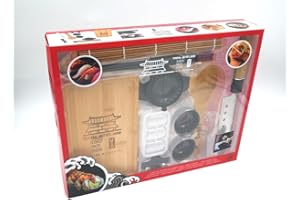 Mon atelier sushis, makis & gyozas: Coffret avec 1 plateau, 1 natte en bambou, 2 paires de baguettes, 2 reposes-baguettes, 1 couteau, 1 moule à gyozas, 1 moule à 3 sushis, 2 bols et 1 cuillère en bois