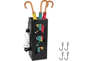 JOKAPY Metal Umbrella Holder, Free Standing Umbrella Stand with Hooks Square Multifunction Walking Stick Holder Rack Decorative, Slim Umbrella Stand for Hallway Entryway Home Hotel Office Collocation Foyer