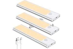 TOPPLEE Luz de Armario, 3 Piezas 3000K Luz Nocturna con Sensor Movimiento, USB Recargable LED Armario para Gabinete, Cocina, Escalera, Pasillo, Sótano, Garaje - Blanco Cálido