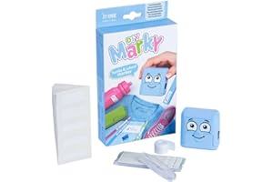 COLOP MARKY C166666 - Zestaw stempli w kolorze jasnoniebieskim, z czarnym tuszem do znakowania różnych przedmiotów i odzieży, w tym wymienne stemple, pęsety i naklejki.