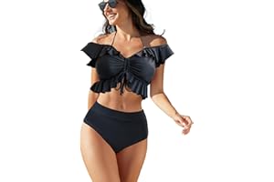 JFAN Trajes de Baño para Mujer Top Corto con Cuello Halter y Volantes Bañador de Colores con Hombros Descubiertos